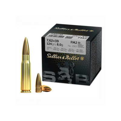 Патрон нарізний Sellier & Bellot кал. 7,62x39 куля FMJ маса 8,0 г/ 124 гр. Поч. швидкість 738 м/с.